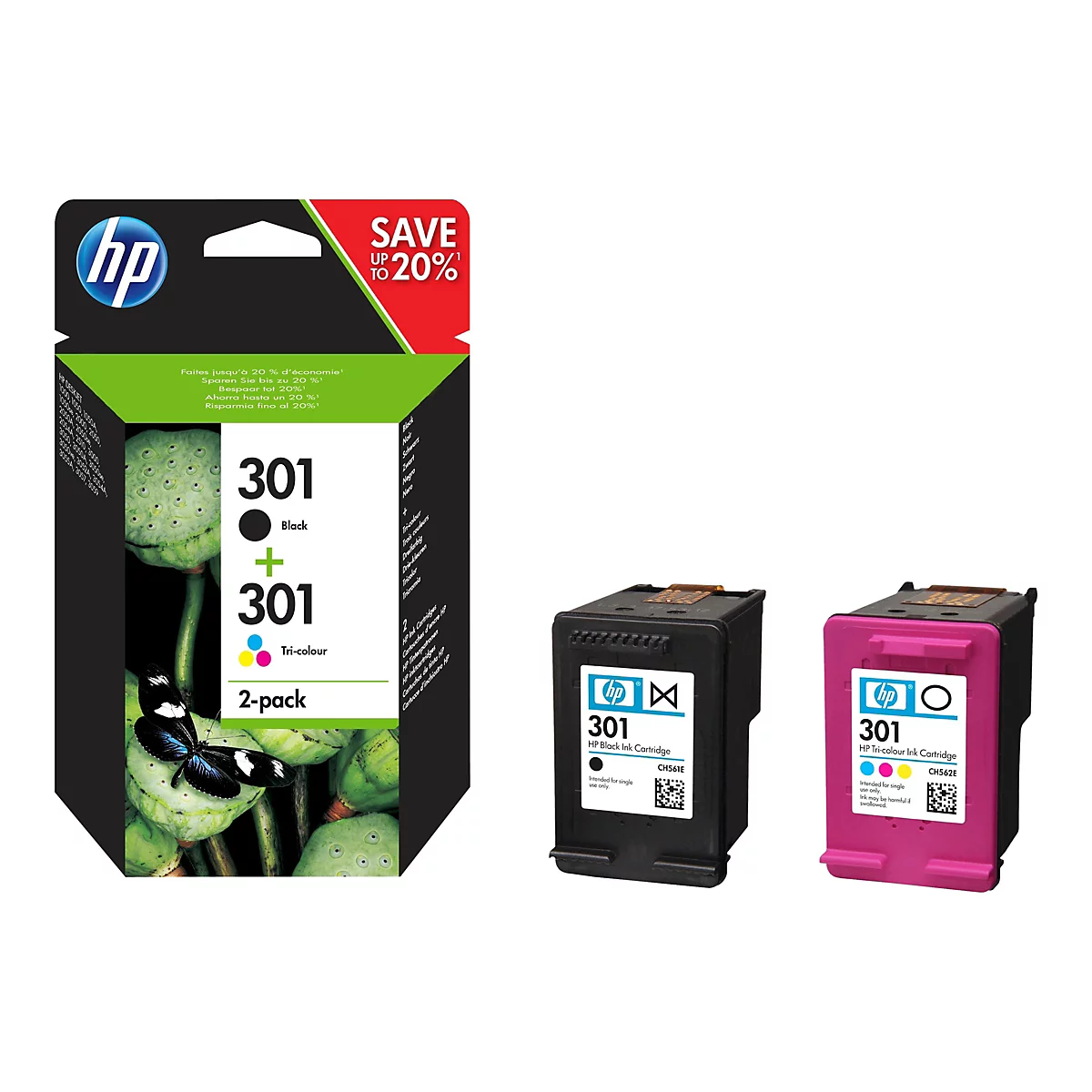 Ein Set Tintenpatronen mit Verpackung, darunter eine schwarze und eine dreifarbige Patrone. Die Verpackung zeigt das HP-Logo und einen Rabatt.