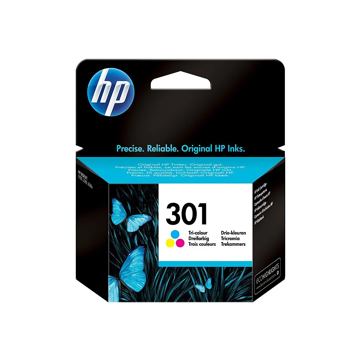 Schwarzer HP Tintenpatronen-Karton mit blauen Schmetterlingen. Aufgedruckt: 301, Tri-colour, Precise, Reliable, Original HP Inks.