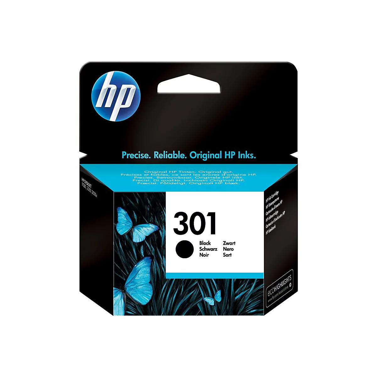 Schwarze HP Tintenpatrone 301. Aufschrift: Precise, Reliable, Original HP Inks. Mit blauen Schmetterlingen im Hintergrund.