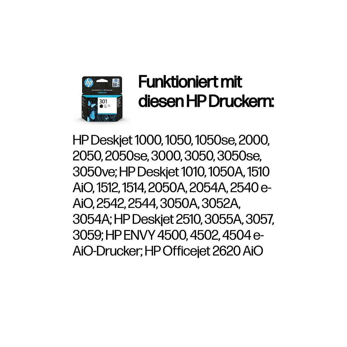 Schwarz-Tintenpatrone HP 301 mit Produkttext und Druckerkompatibilität.