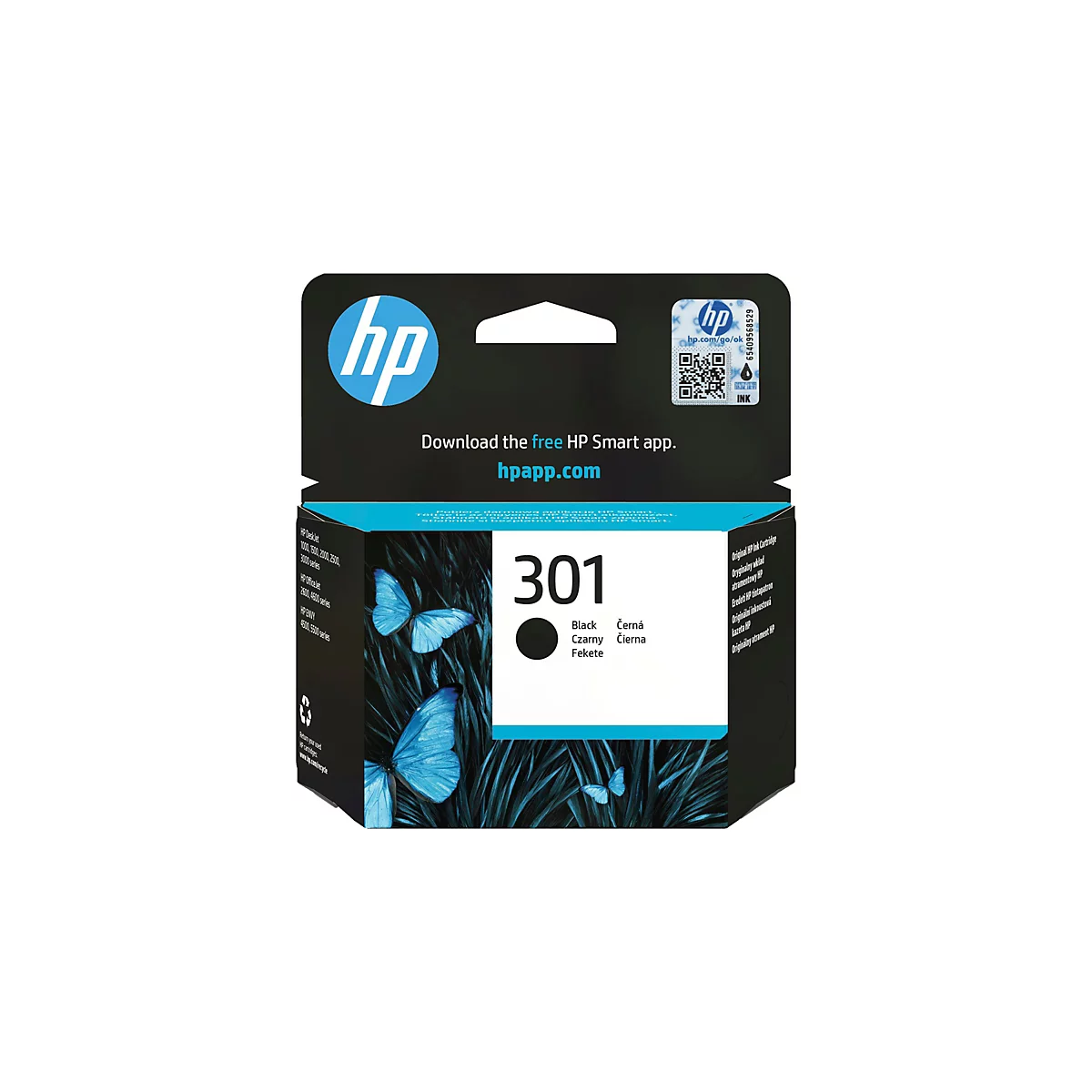 Eine HP Tintenpatrone 301. Die Verpackung zeigt das HP-Logo, Text und Schmetterlinge.