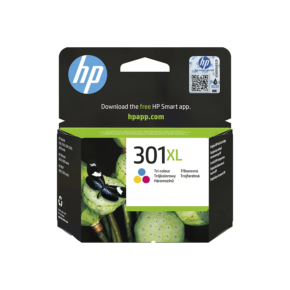 HP Tintenpatrone 301XL mit Aufdruck. Im Hintergrund ist ein Schmetterling auf einer Lotusblume zu sehen.