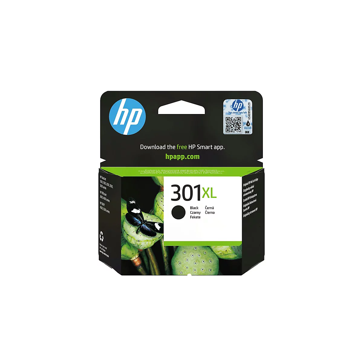 Eine HP 301XL Tintenpatrone. Auf der Verpackung befinden sich Logos und Text, darunter "Download the free HP Smart app. hpapp.com" und verschiedene Sprachen für "Black" und "Original HP Ink Cartridge".