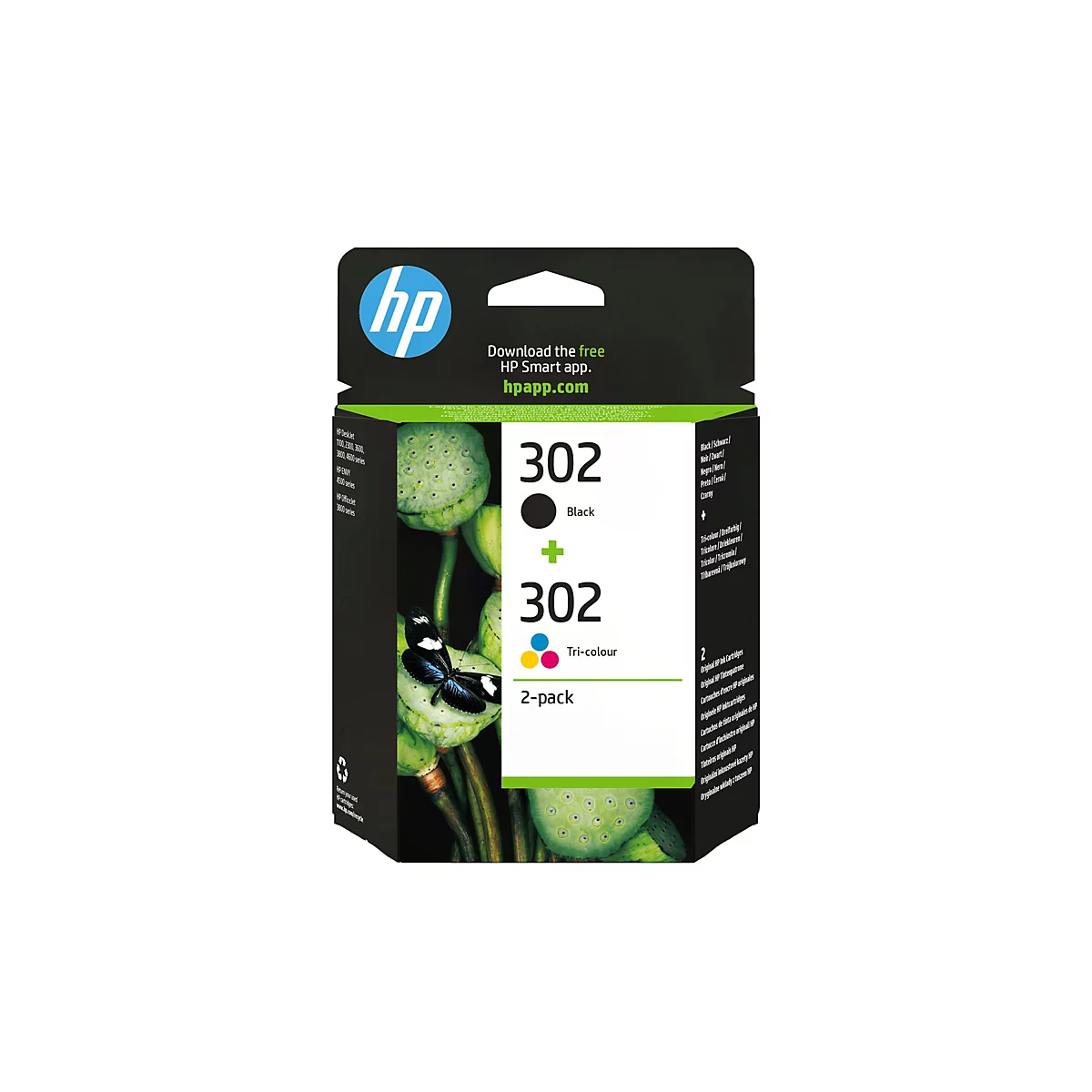 Ein HP Tintenpatronen-Doppelpack mit schwarzer und dreifarbiger Tinte vor einem Hintergrund mit einem blühenden Wasserlilienmotiv. Auf dem Karton befinden sich Produktbezeichnungen und die HP-Marke.