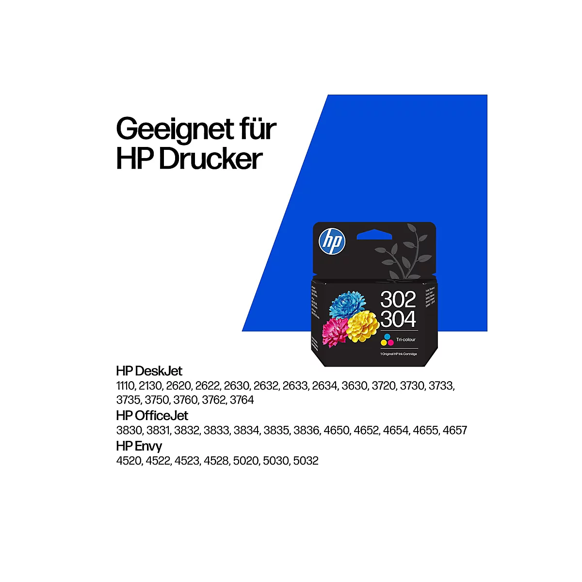 Schwarze HP-Tintenpatrone mit bunten Blumen vor blauem Hintergrund. Text: Geeignet für HP Drucker, 302, 304, Tri-Colour.