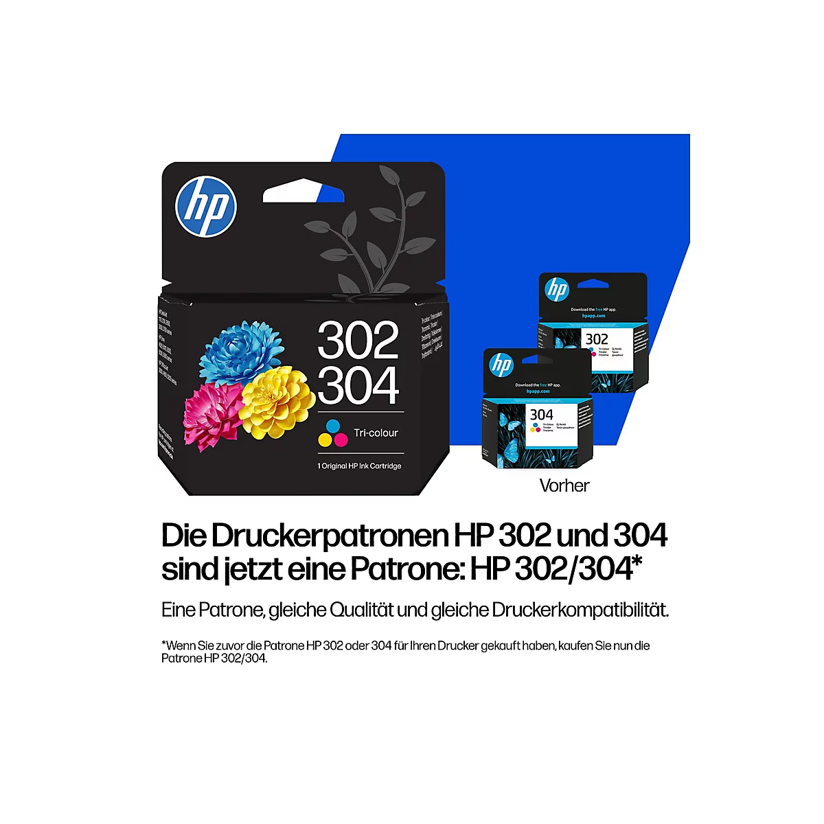 Auf weißem Grund ist eine Produktwerbung für HP-Druckerpatronen zu sehen. Im Zentrum steht eine schwarze Patronenverpackung mit der Aufschrift „302/304“ und der Darstellung dreier farbiger Blüten. Daneben sind zwei kleinere Patrone mit dem Logo HP und ...
