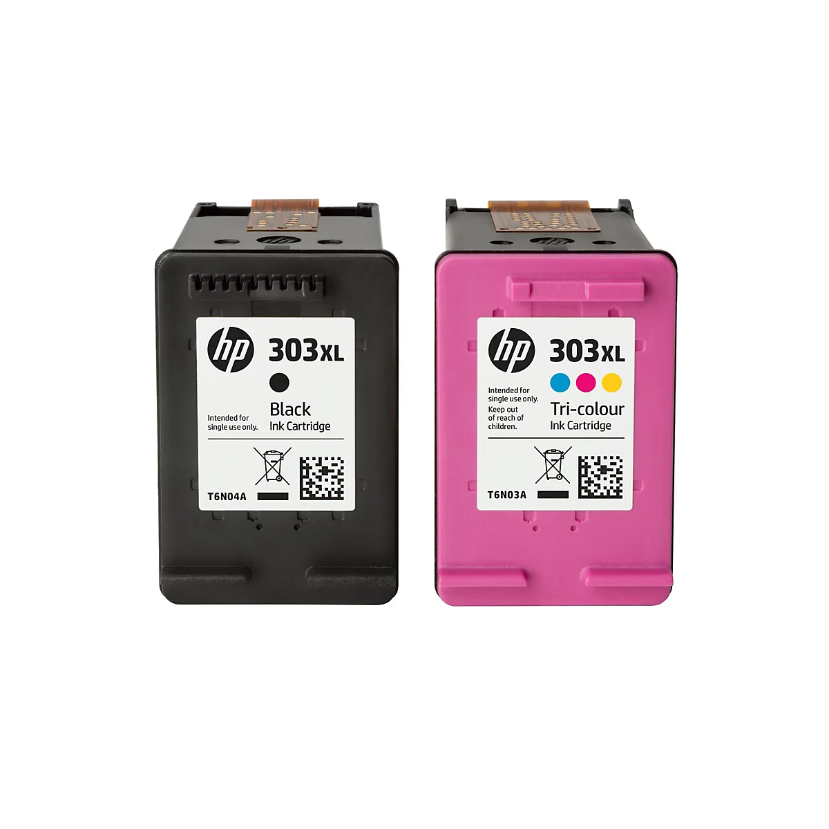 Zwei Tintenpatronen nebeneinander. Links schwarz, rechts pink. Auf jeder Patrone steht 'HP 303XL'.