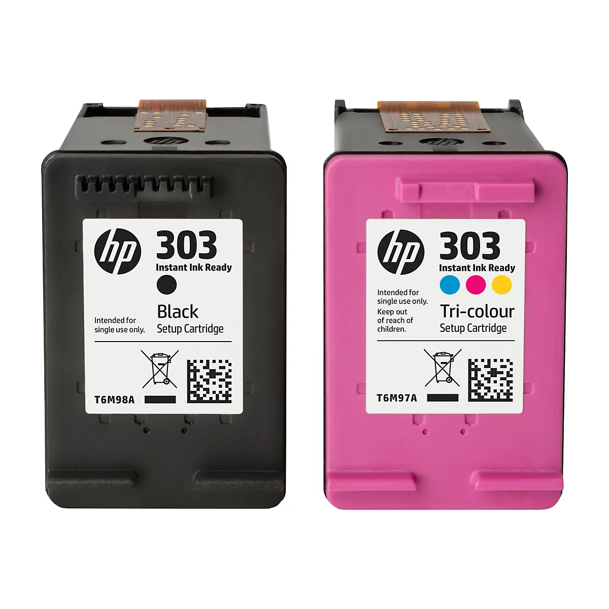 Zwei Tintenpatronen nebeneinander. Links schwarz, rechts pink. Aufschrift: HP 303, Instant Ink Ready.