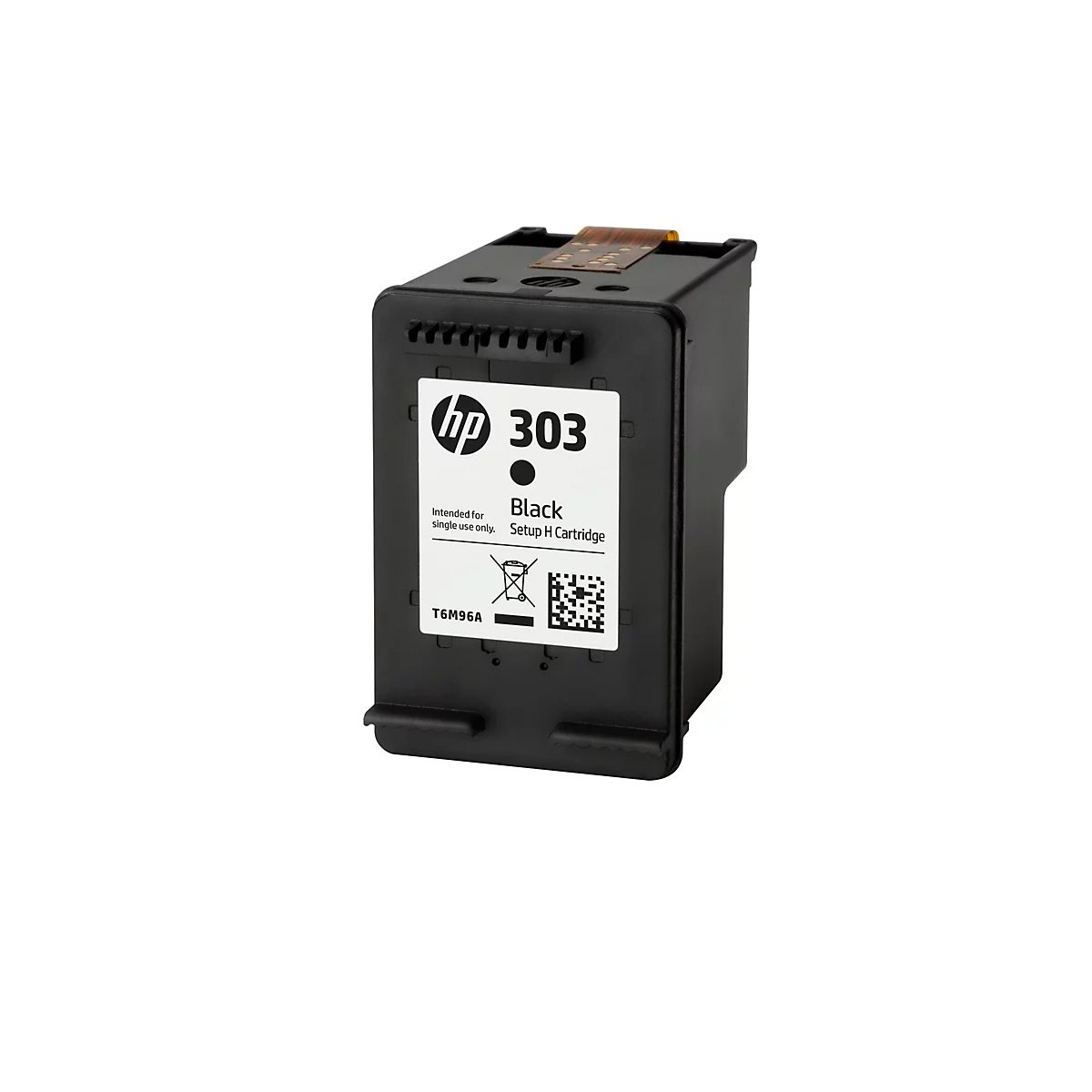 Schwarze HP 303 Tintenpatrone, auf weißem Hintergrund. Mit Produktinformationen wie T6M96A und Setup H Cartridge.