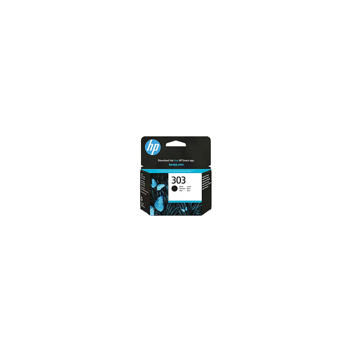HP 303 Druckerpatrone in schwarzer Verpackung mit blauen Schmetterlingsmotiven vor weißem Hintergrund.