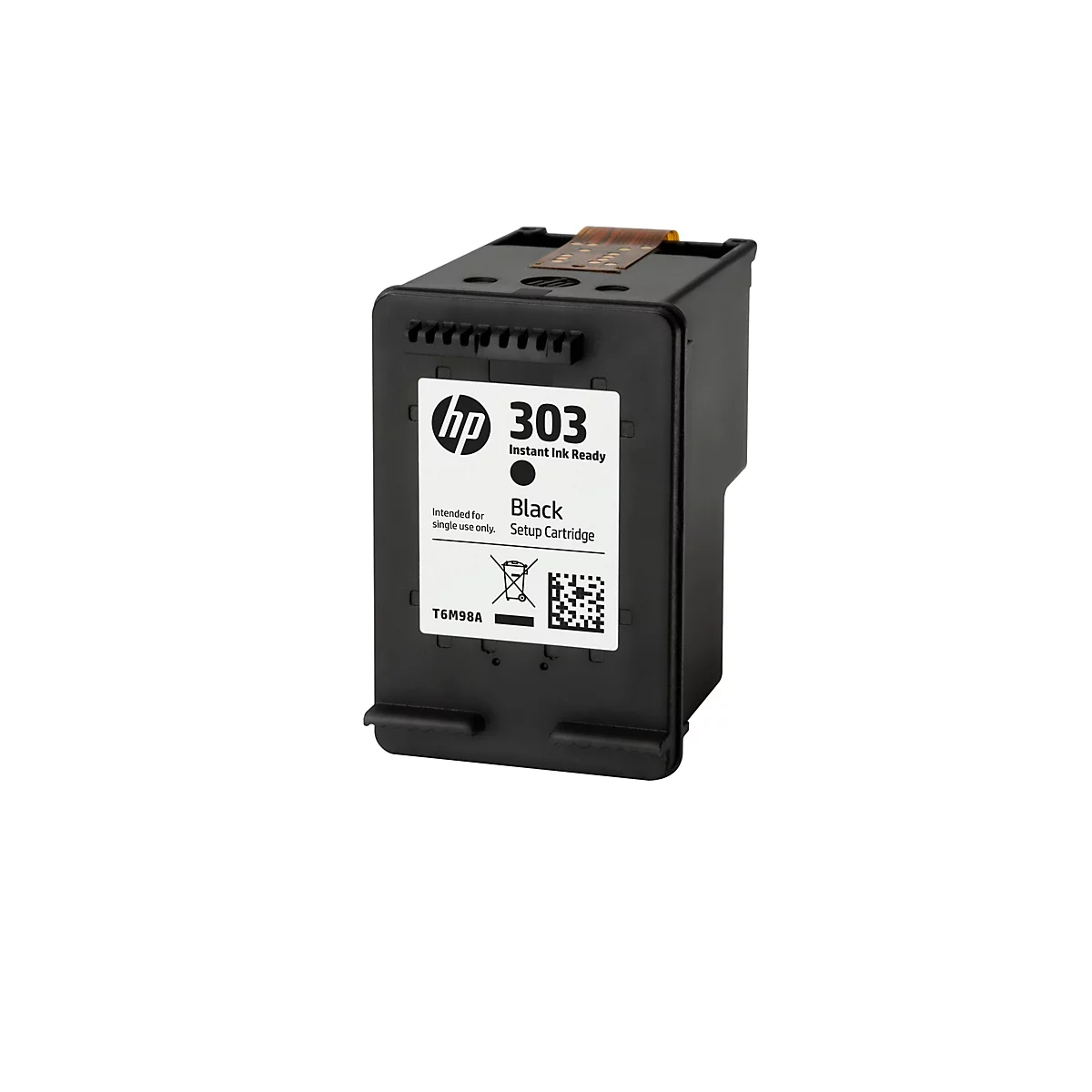 Cartouche d'encre noire HP 303 à usage unique. Étiquettes de produit et un code QR sont visibles.