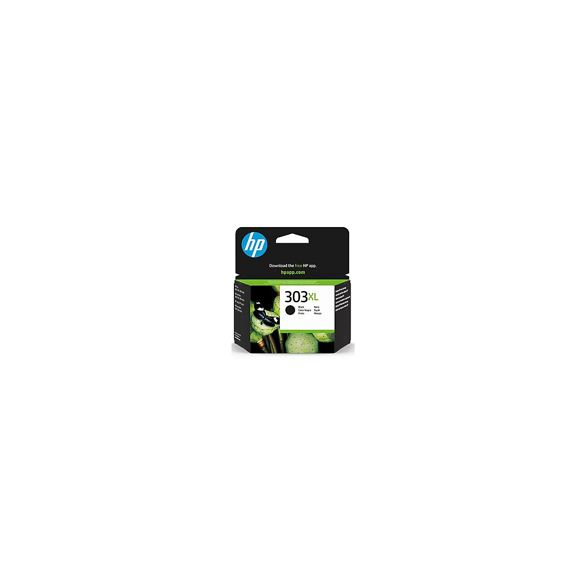 HP 303XL Druckpatrone schwarz in Originalverpackung mit Schmetterlingsmotiv.