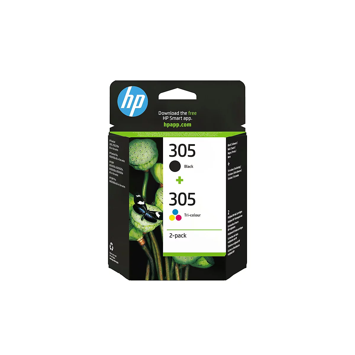 Schwarze und Dreifarb-Tintenpatronen im 2er-Pack, HP 305. Verpackung mit grünem floralen Hintergrund und Schmetterling.
