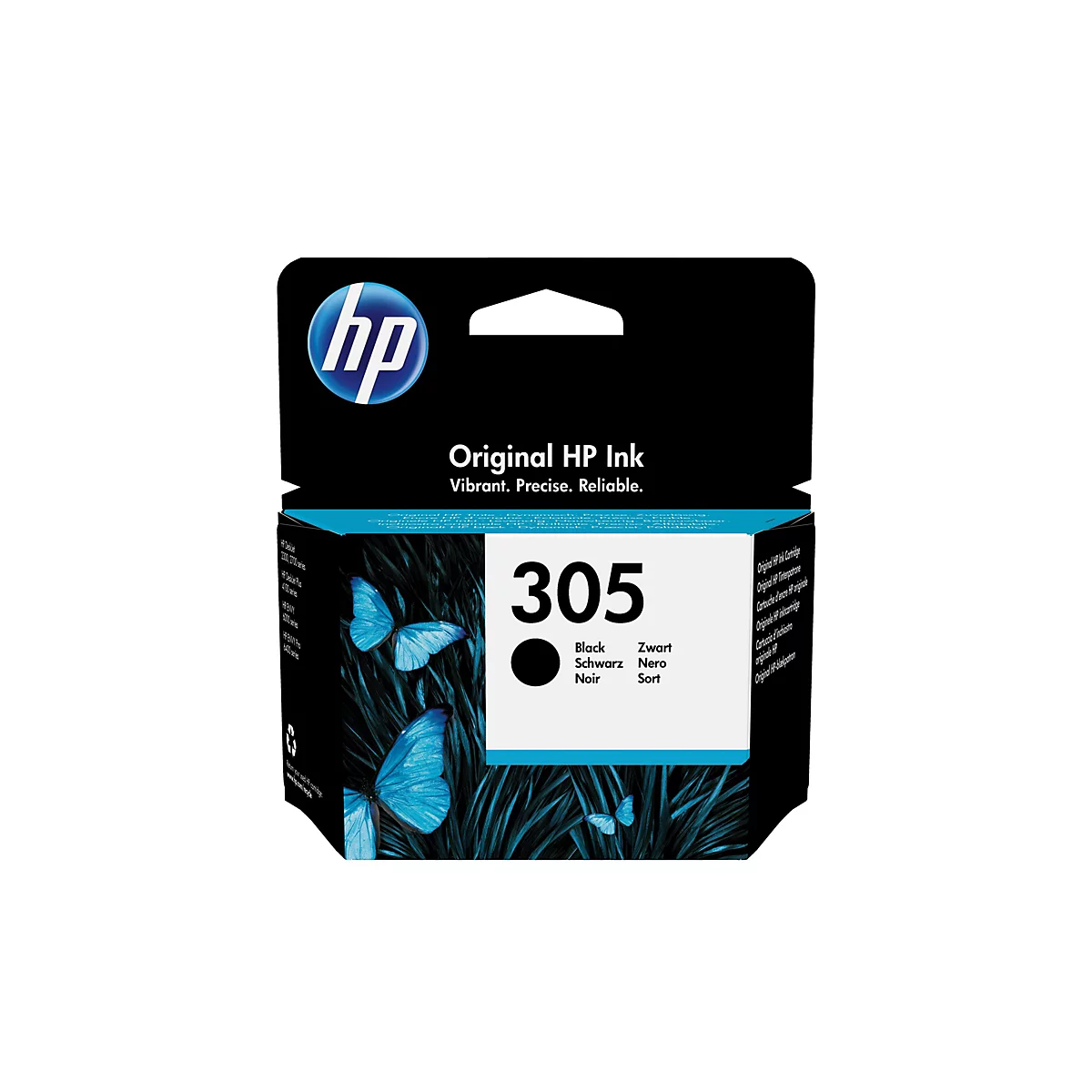 Cartouche d'encre HP noire étiquetée "305" avec le logo HP. Des papillons bleus sont représentés sur l'emballage.