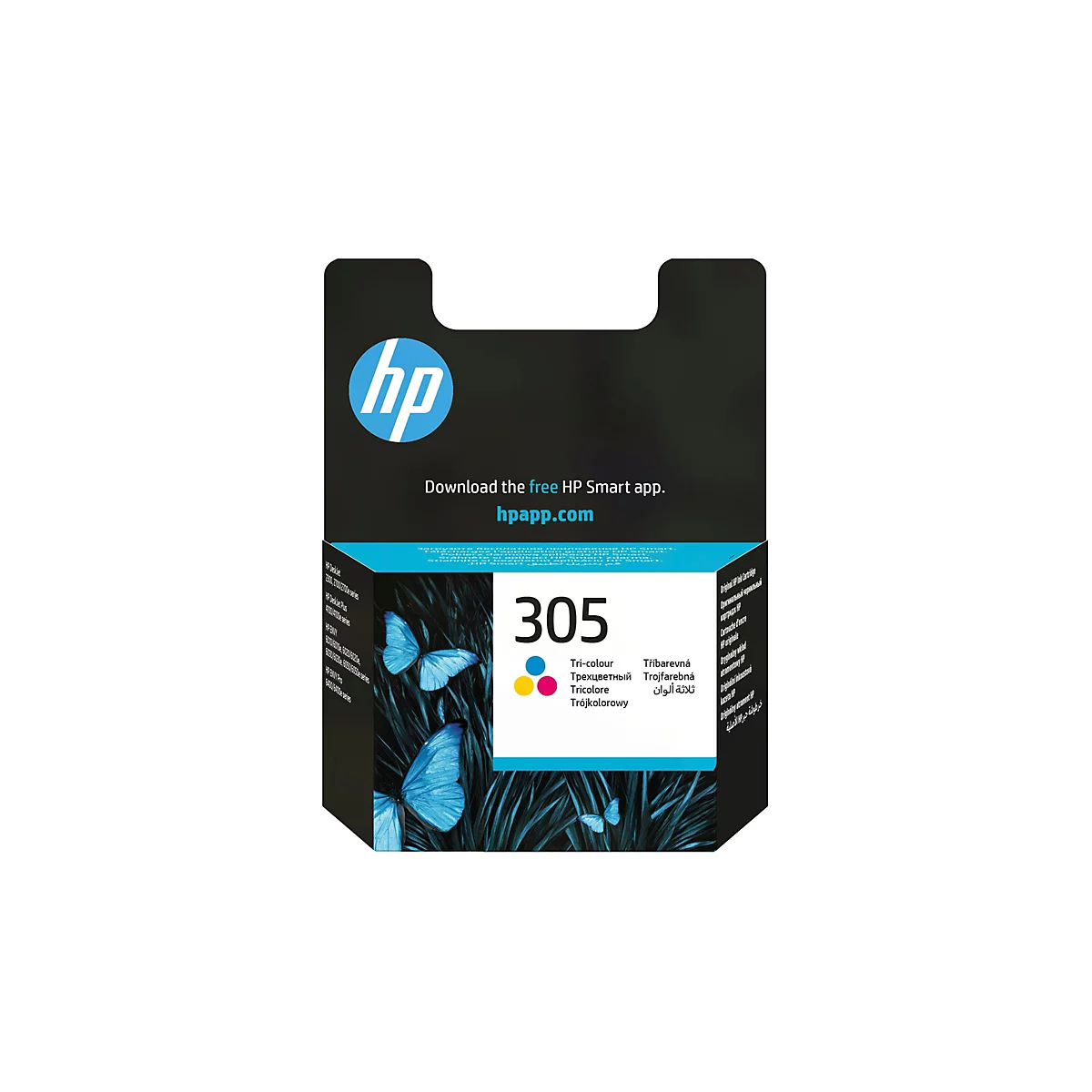 Eine Tintenpatrone der Marke HP, verpackt in einer schwarzen Schachtel mit blauen Schmetterlingen. Aufgedruckt sind Produktbezeichnungen und das HP Logo.
