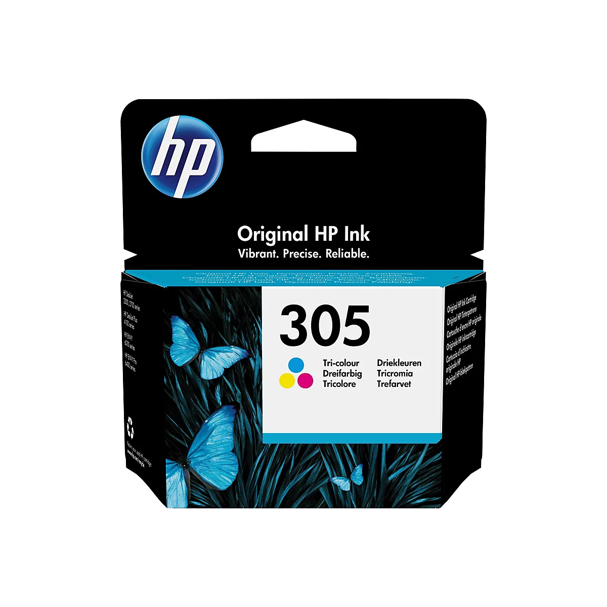 Schwarz-blaue Tintenpatronen-Verpackung, mit HP-Logo. Aufgedruckt sind Produktbezeichnungen, darunter "Original HP Ink" und "305 Tri-colour". Blaue Schmetterlinge auf der Verpackung.