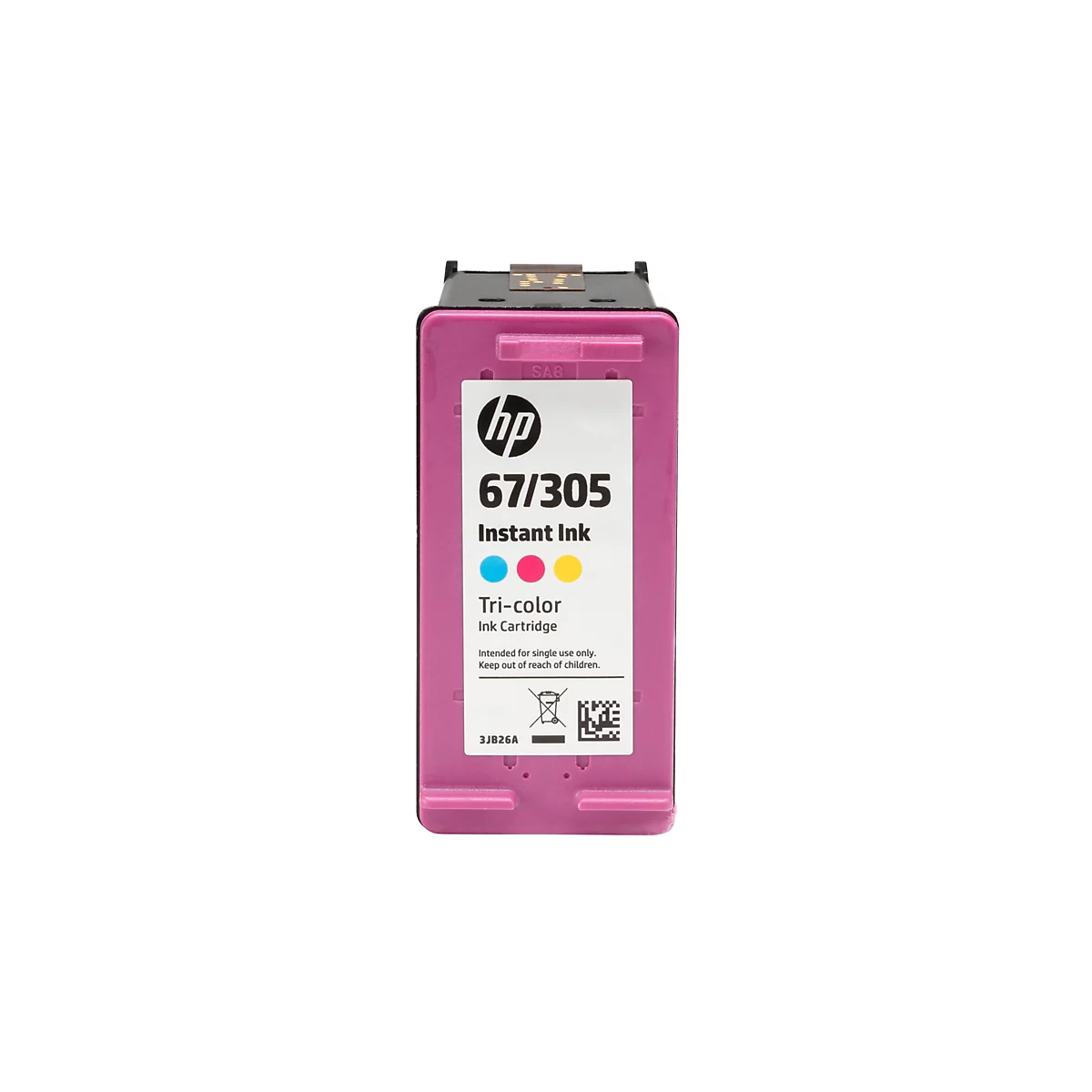 Nahaufnahme einer HP 67/305 Instant Ink Tintenpatrone. Die Patrone ist hauptsächlich pinkfarben mit schwarzem Oberteil und hat ein HP-Logo sowie Text und Farbpunkte. Der Hintergrund ist weiß.