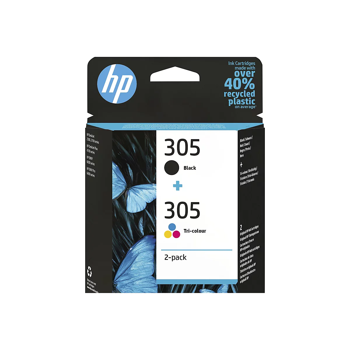 Emballage de cartouches d'encre HP avec des cartouches noires et tricolores, avec le numéro "305", un indicateur de 2 pièces et un affichage du pourcentage de plastique recyclé.