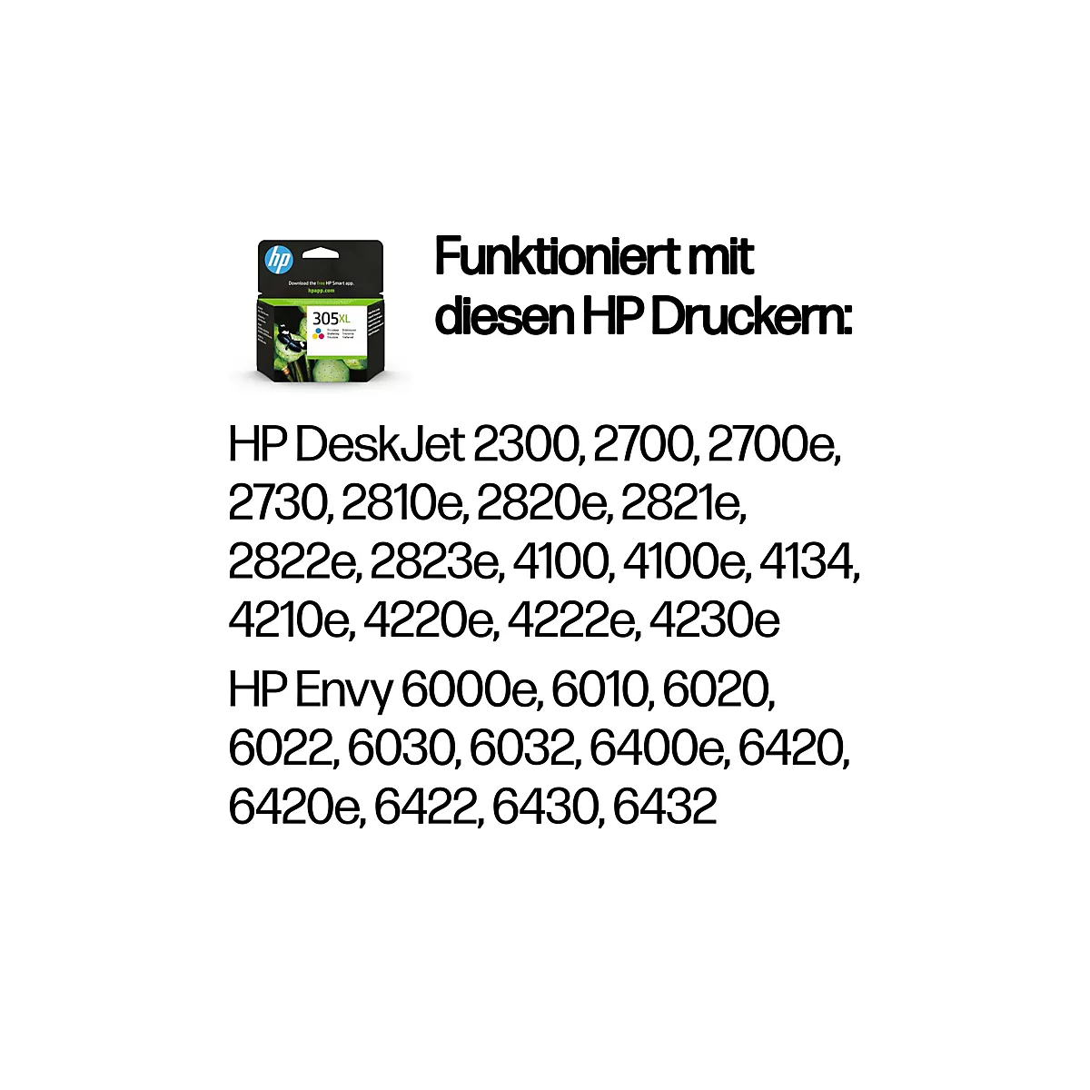 Une cartouche d'encre HP 305XL avec texte : Fonctionne avec les imprimantes HP. Ci-dessous : DeskJet 2300, 2700, 2700e, etc.