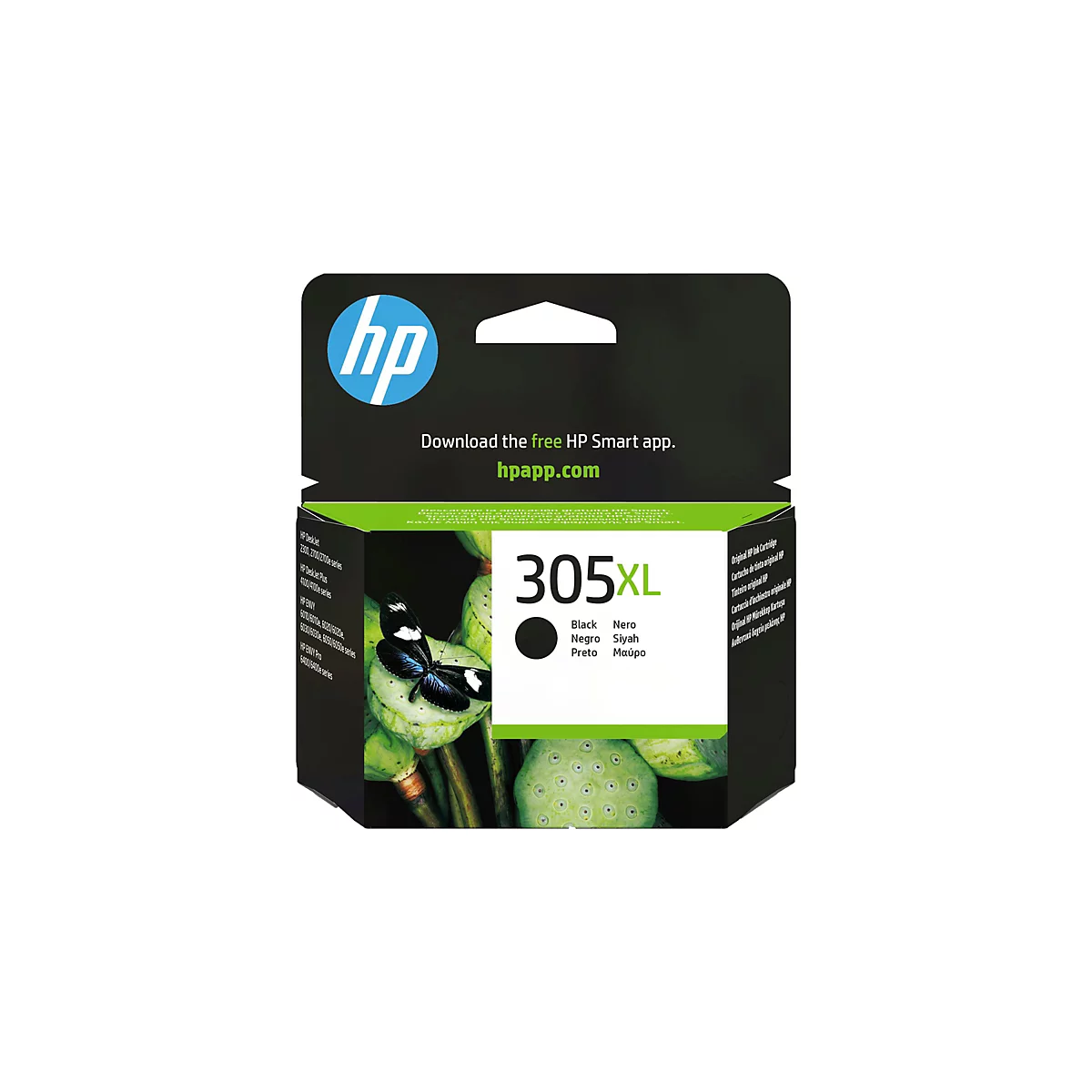 Schwarze HP 305XL Tintenpatrone auf Packung mit Schmetterling und Lotosblüten. Schwarzes Tintenfass-Symbol.