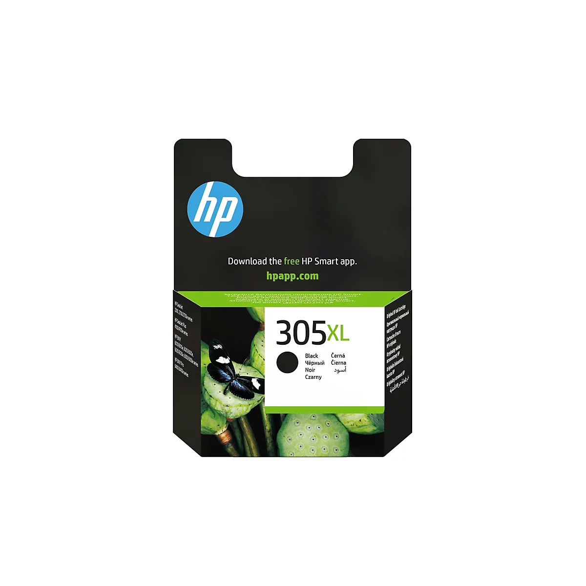 HP 305XL Tintenpatrone. Schwarze Patrone mit Schmetterlings-Design. Aufdrucke: HP-Logo, Produktname und QR-Code.