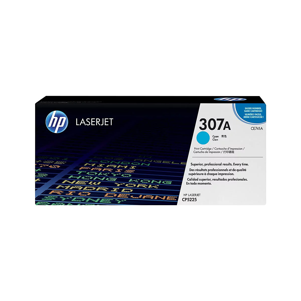 Eine HP LaserJet 307A Cyan Tonerkartusche vor dunklem Hintergrund. Aufschrift: Superior, professional results. Every time.