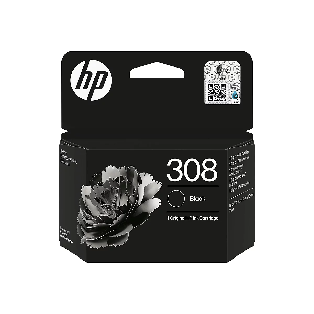 Schwarze HP Tintenpatrone 308, HP-Logo oben. Aufgedruckter Text und Grafik.