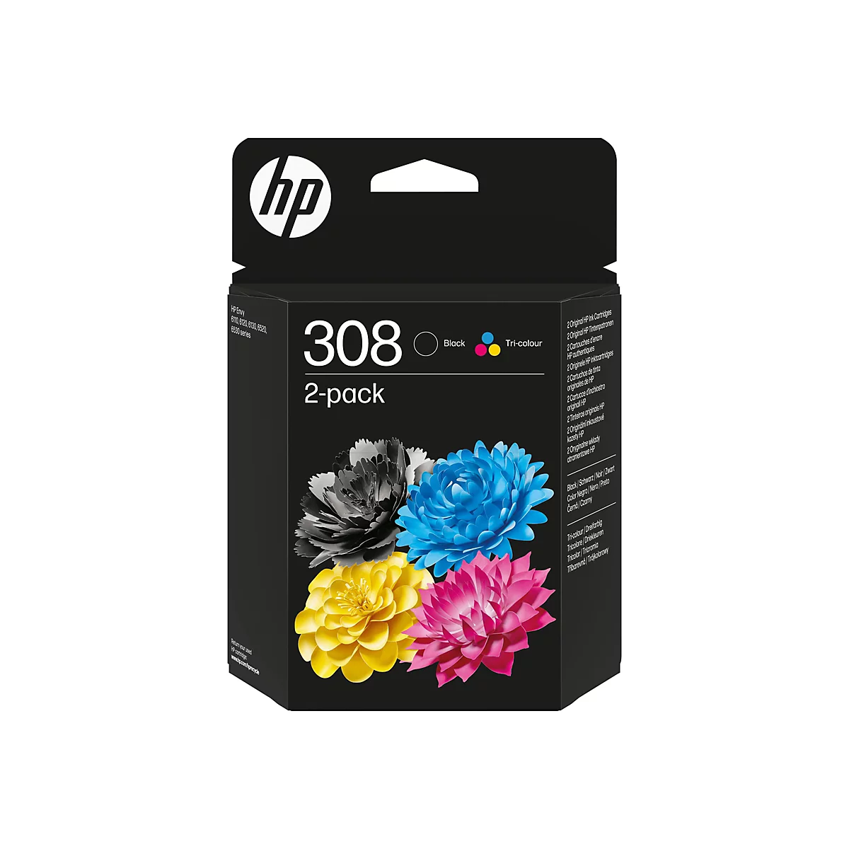 Schwarze und dreifarbige HP Tintenpatronen-Packung. Oben links das HP Logo, darunter die Produktbezeichnung.
