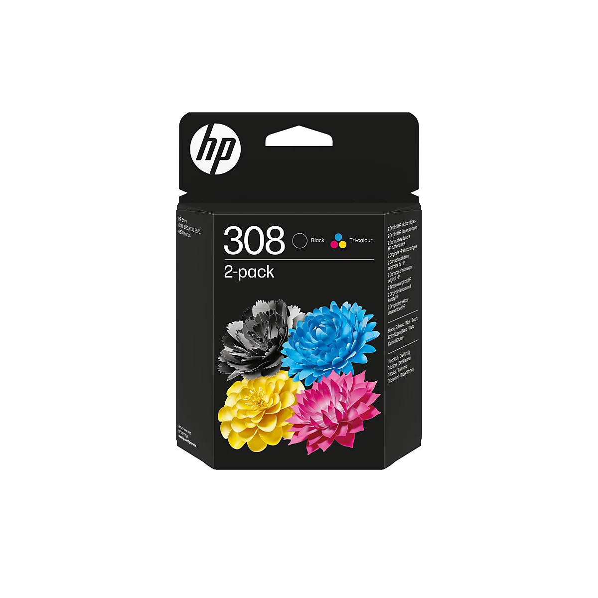 Schwarze HP-Tintenpatronen-Verpackung, auf der die Aufschrift "308 2-pack" zu sehen ist. Auf der Verpackung befinden sich bunte Blumenmuster und das HP-Logo.