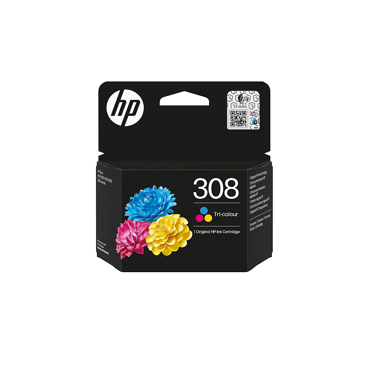 Eine HP 308 Tri-Colour Tintenpatrone. Auf der Verpackung befinden sich die HP-Marke, die Bezeichnung "308", sowie bunte Blumen.