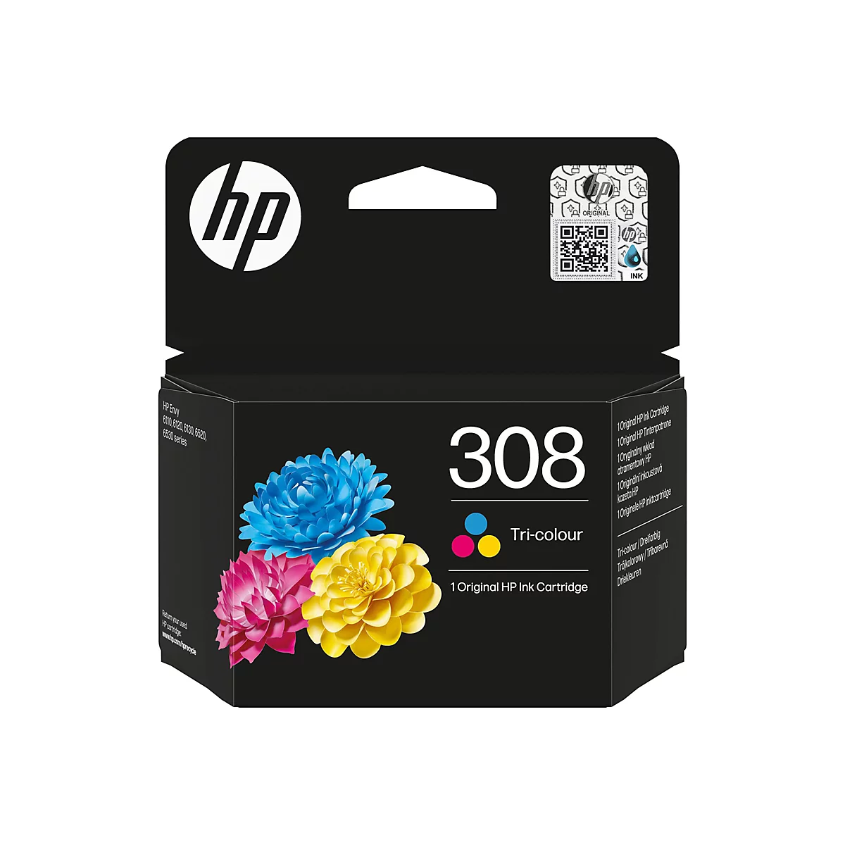 Schwarze HP 308 Tri-Colour Tintenpatronenverpackung mit Abbildungen von blauen, gelben und pinken Papierblumen.