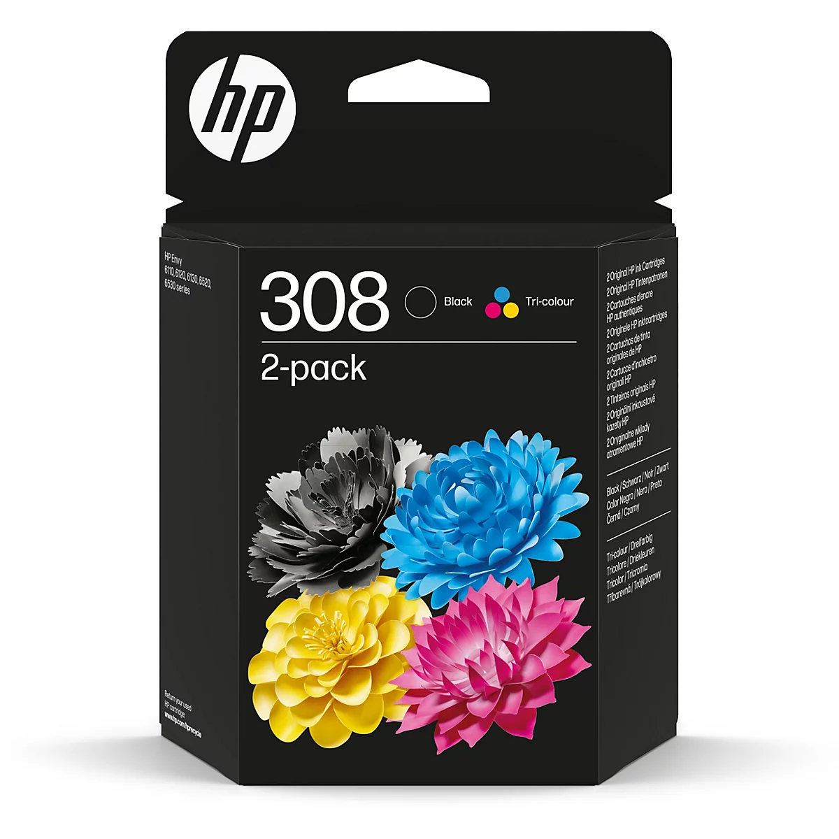 Emballage de cartouches d'encre HP noir avec des illustrations de fleurs colorées. Inscription: 308, 2-pack.