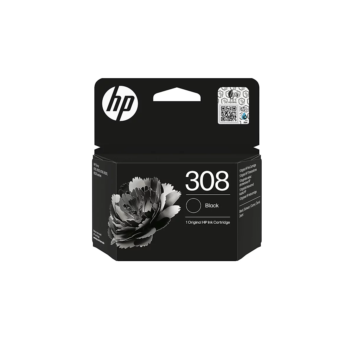 Schwarze HP Tintenpatrone 308. Auf der Packung ein Blumendesign, daneben steht "Black".