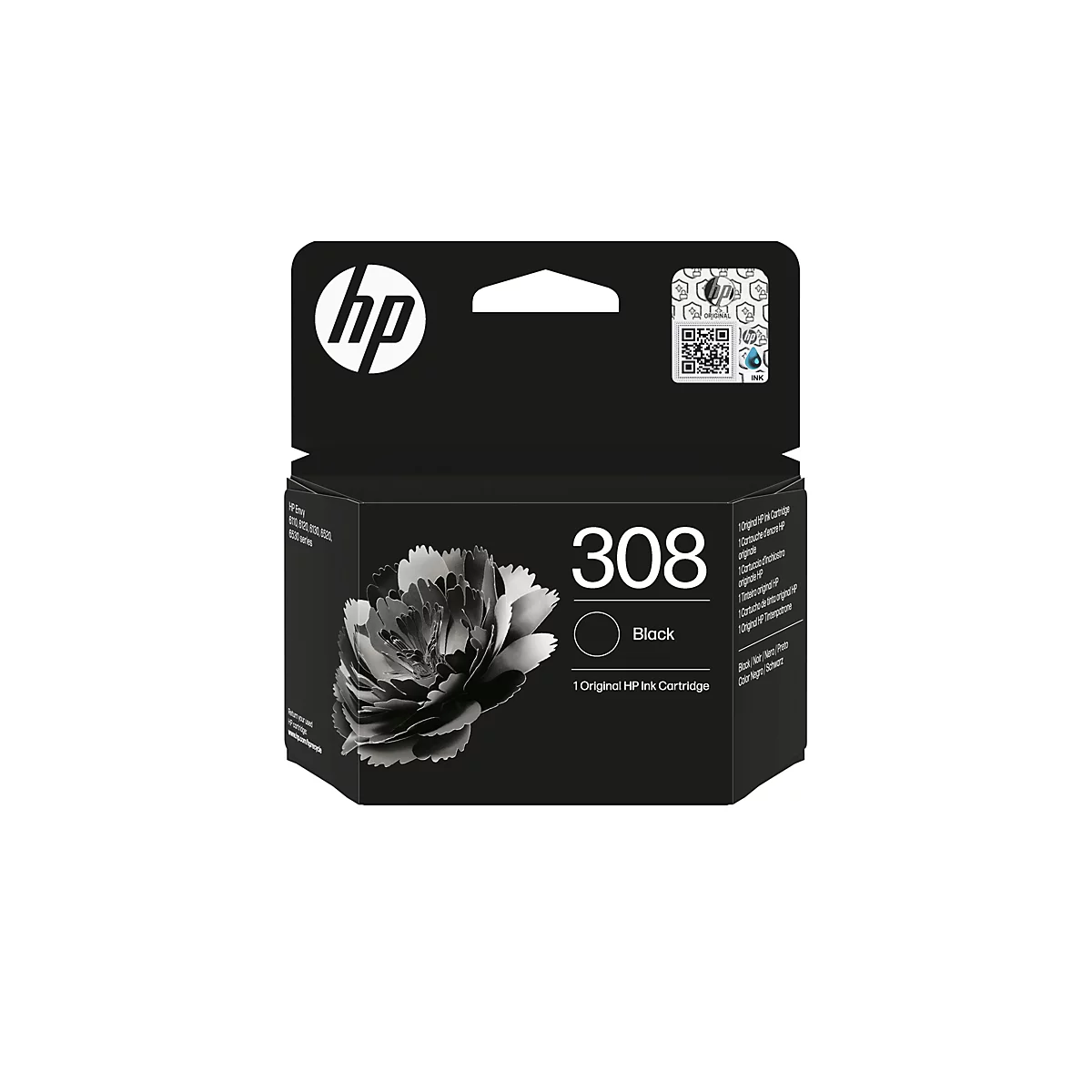 Eine schwarze HP Tintenpatrone mit der Aufschrift 308 Black und einer floralen Illustration. Auf der Verpackung befinden sich das HP Logo und Angaben zur Kompatibilität.