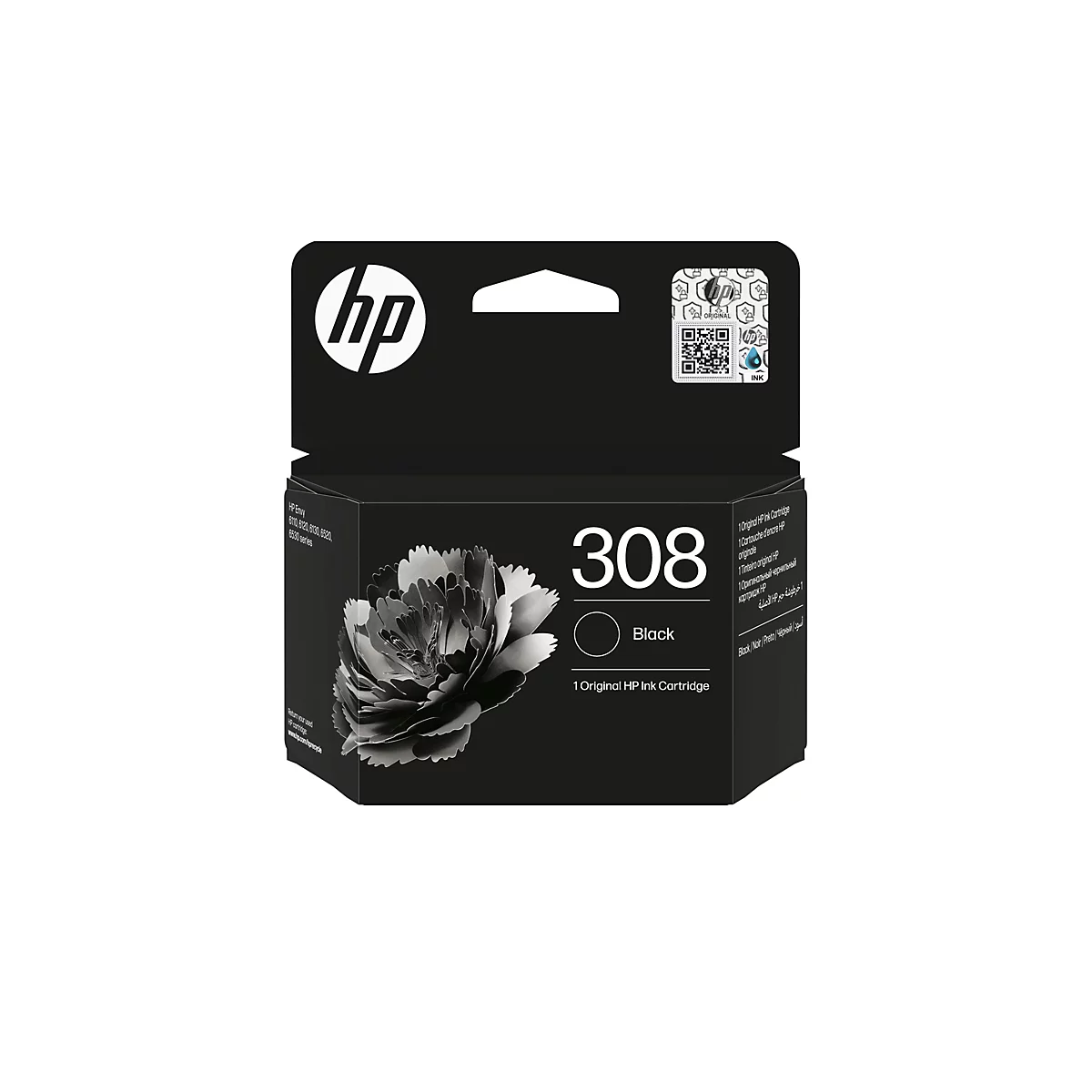 Schwarze HP Druckerpatrone, Packung mit floralem Design und Text. Aufgedruckt sind die Nummer 308, das Wort Black und das HP Logo.