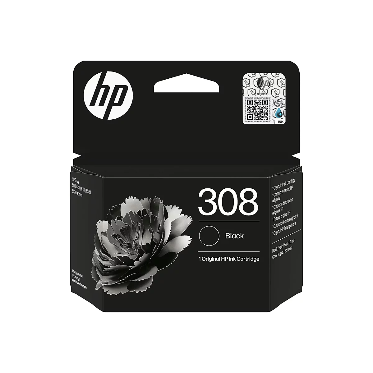 Eine schwarze HP 308 Tintenpatrone, mit einem weißen Logo von HP und floralen Grafiken.