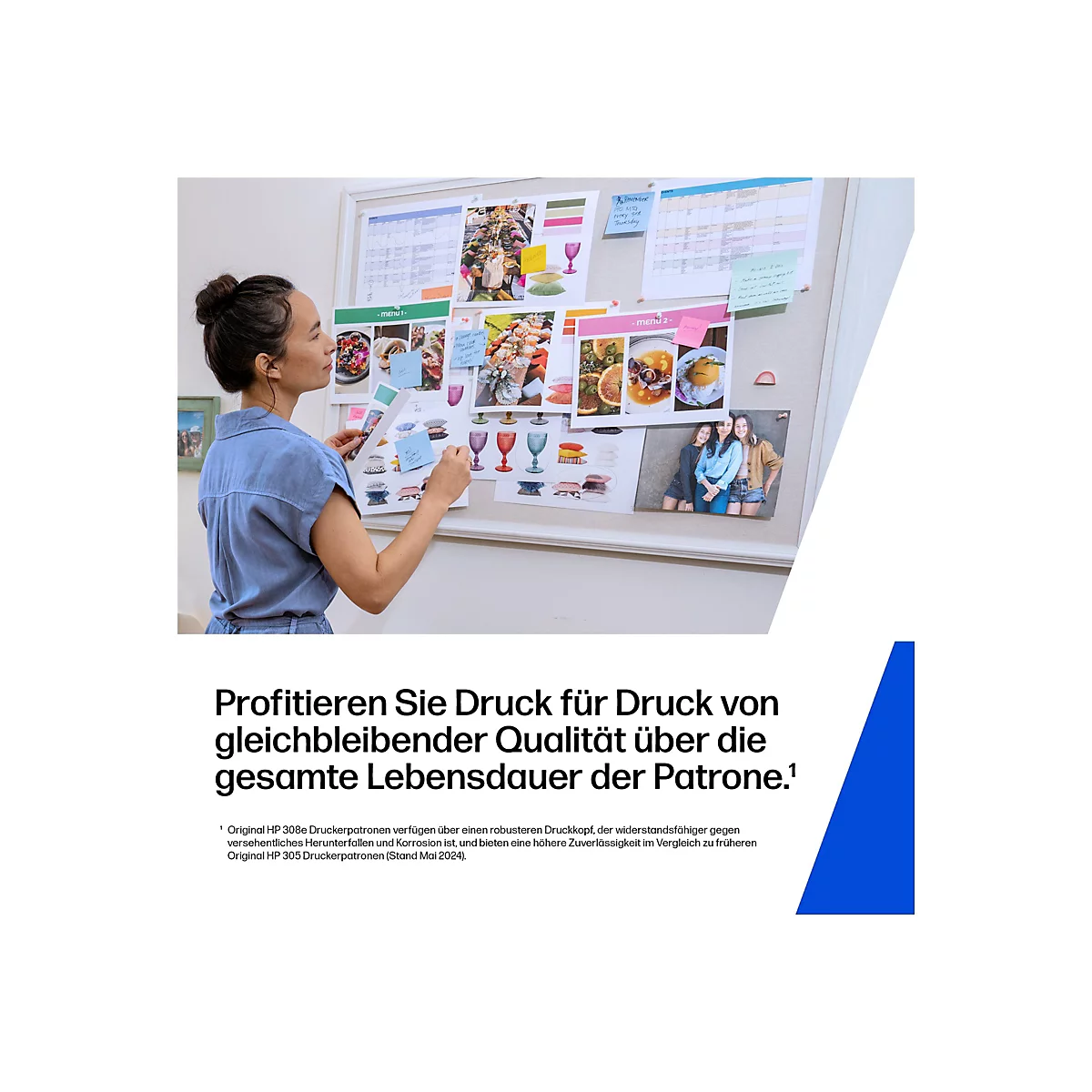 Eine Frau arbeitet an einem mit Fotos und Notizen beklebten Moodboard zur Eventplanung.
