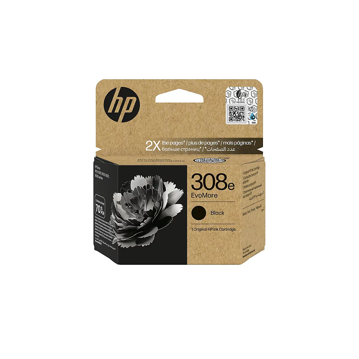HP Tintenpatronen-Verpackung. Braune Verpackung mit HP-Logo, einem Blumendesign und Aufdrucken wie „Black“, „308e“ und „EvoMore“.