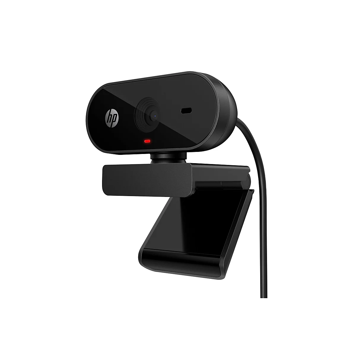 Schwarze HP Webcam mit roter LED, auf Halterung, Kabel. Logo.