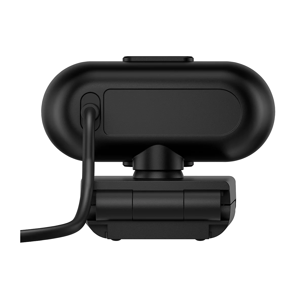 Schwarze Webcam-Rückseite, Nahaufnahme. Das Kabel ist angeschlossen.