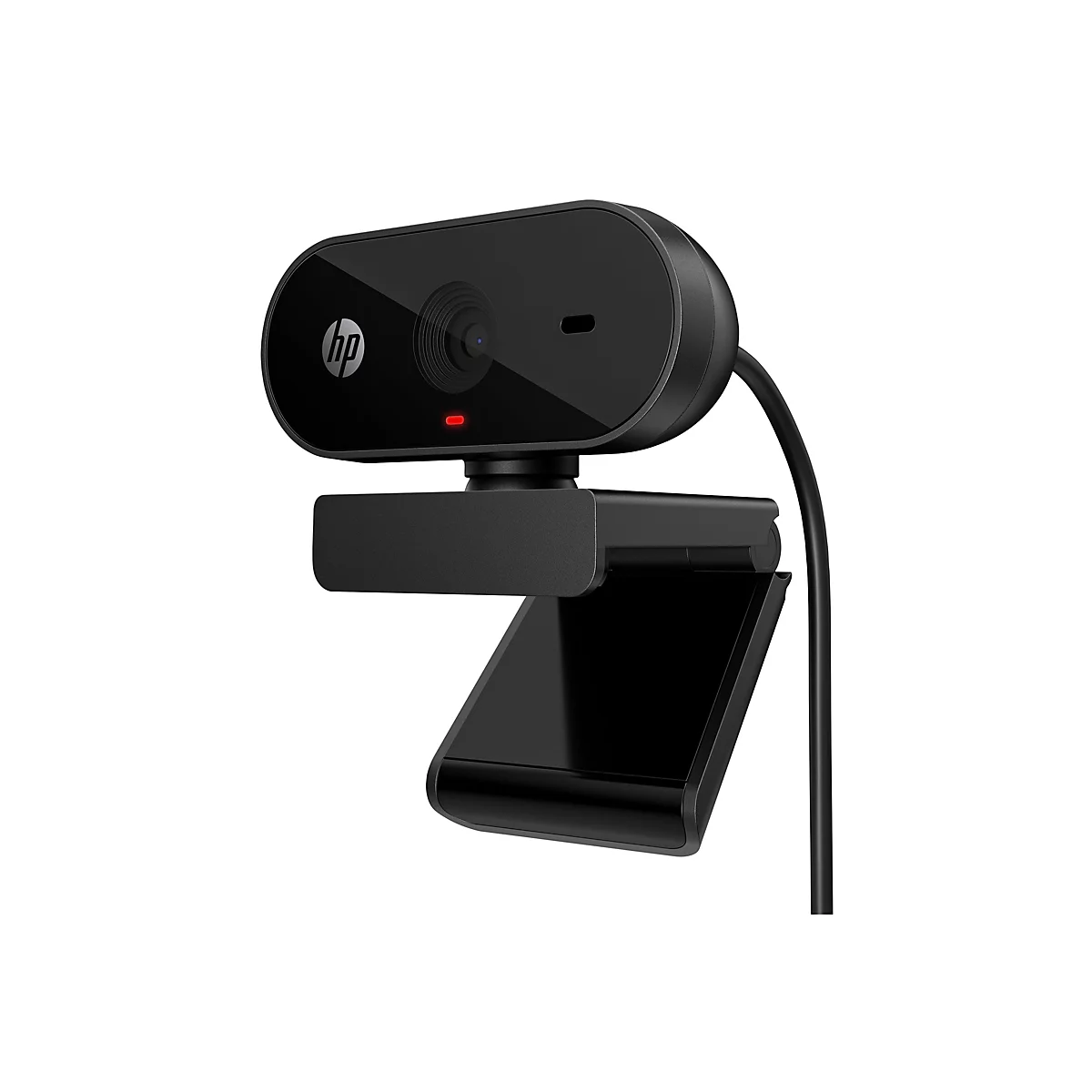 Schwarze HP Webcam mit LED-Licht und Logo. Auf weißem Hintergrund dargestellt.