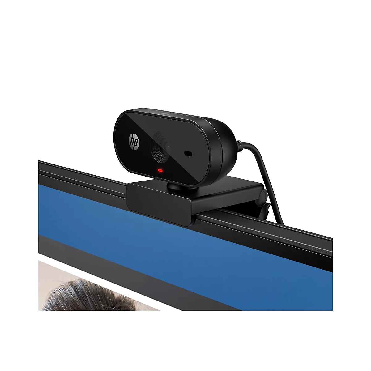 Schwarze HP Webcam, auf Monitorhalterung montiert, rotes LED-Licht, HP-Logo.