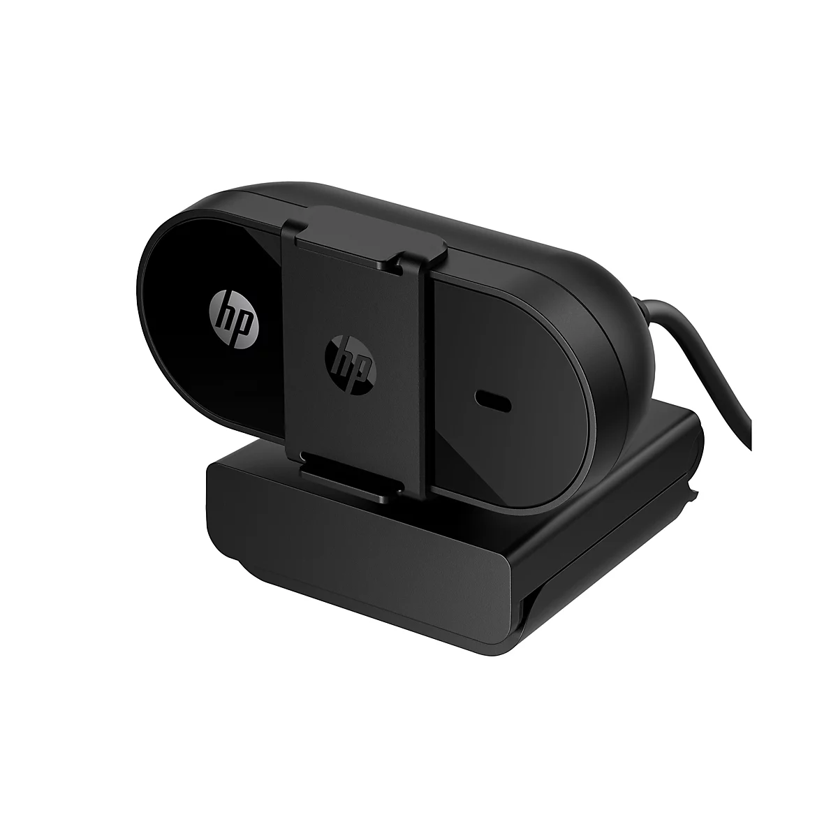 Schwarze HP Webcam mit HP Logo. Sie steht auf einem rechteckigen Sockel und hat einen länglichen, ovalen Kopf.