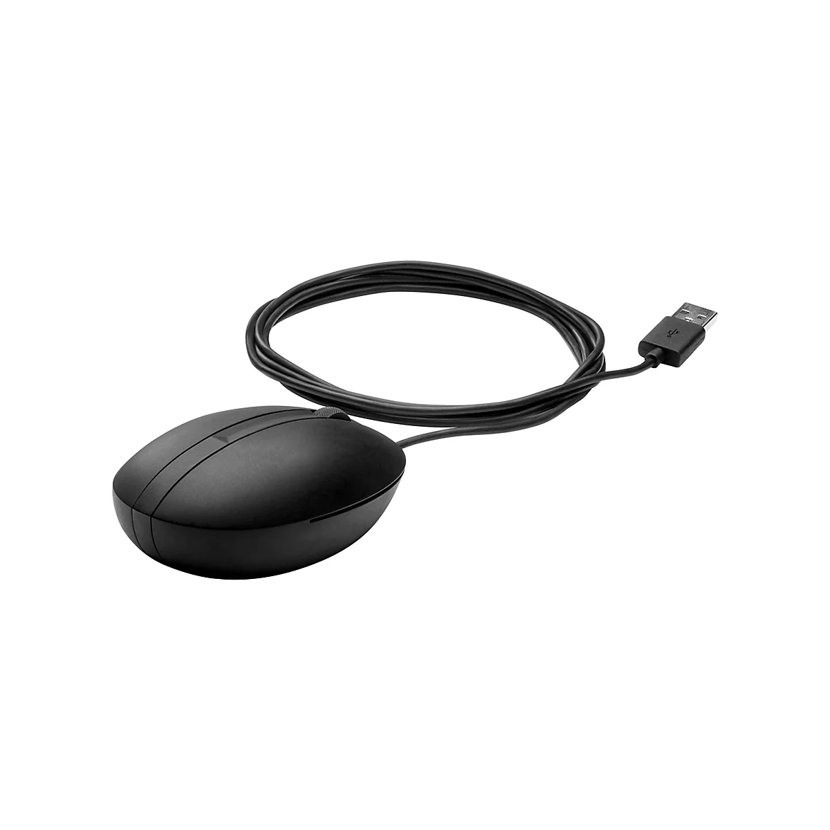 Schwarze Computermaus mit Kabel und USB-Anschluss. Die Maus liegt auf weißem Hintergrund.