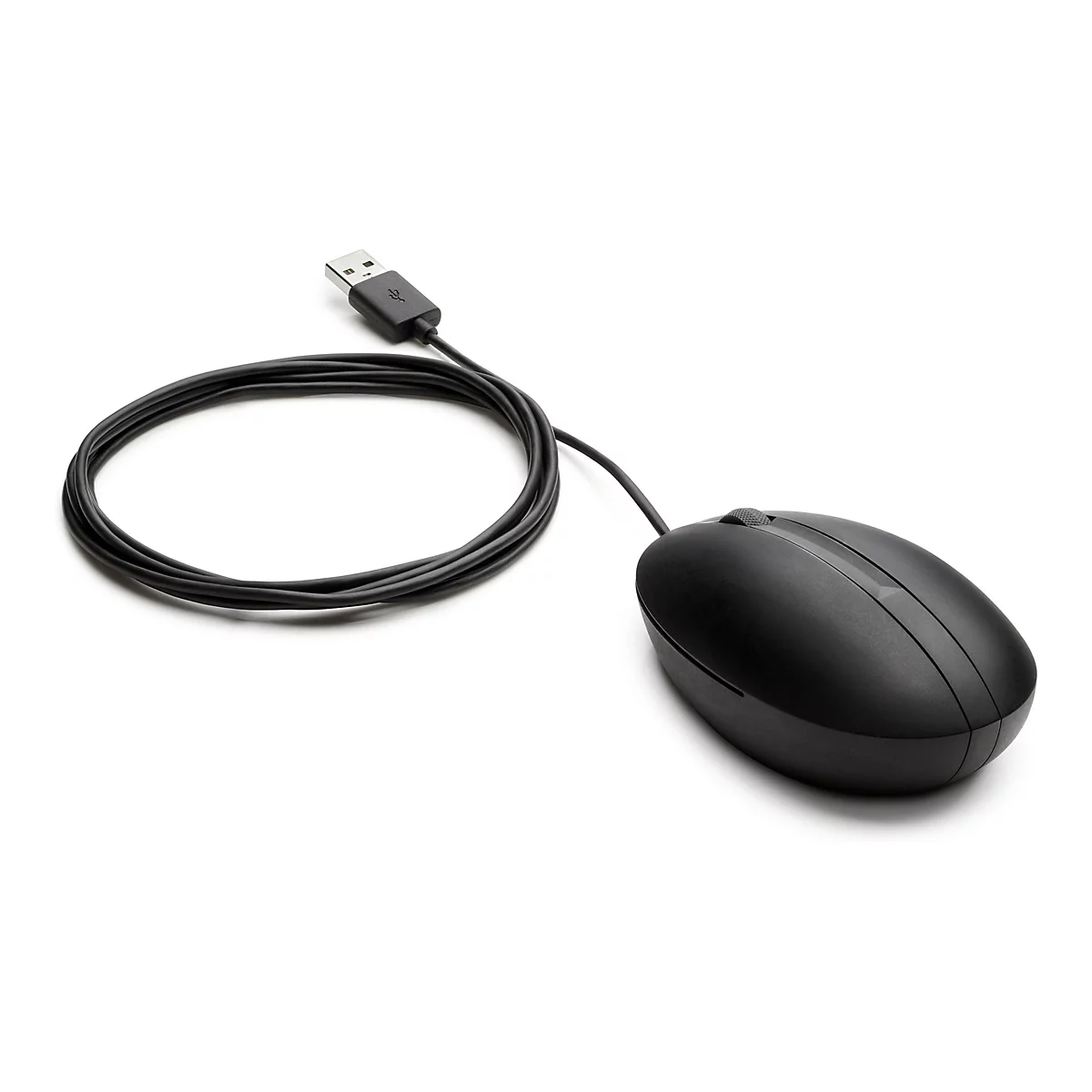 Schwarze Computermaus mit Kabel und USB-Anschluss, isoliert auf weißem Hintergrund.