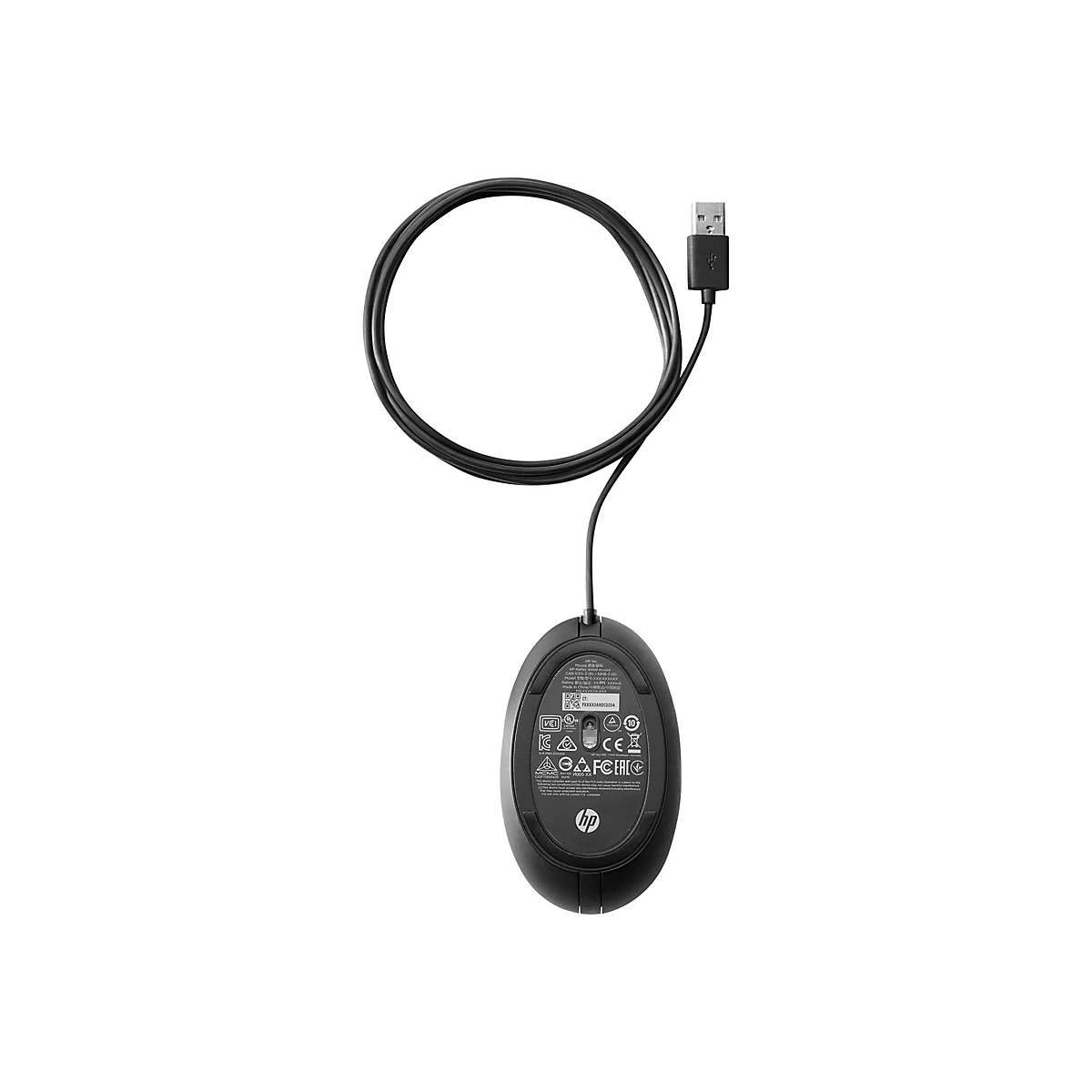 Schwarze HP-Maus mit Kabel und USB-Anschluss. Die Maus ist von unten fotografiert, sodass Logos und technische Informationen sichtbar sind.