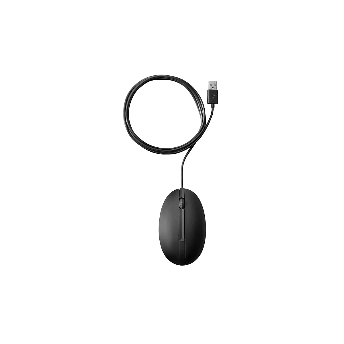 Schwarze Computermaus mit Kabel. Maus mit Scrollrad und USB-Stecker, vor weißem Hintergrund.