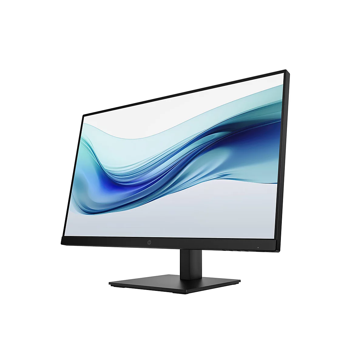 Schwarzer HP Monitor mit schlankem Rahmen und abstraktem blauem Wellendesign auf dem Bildschirm.