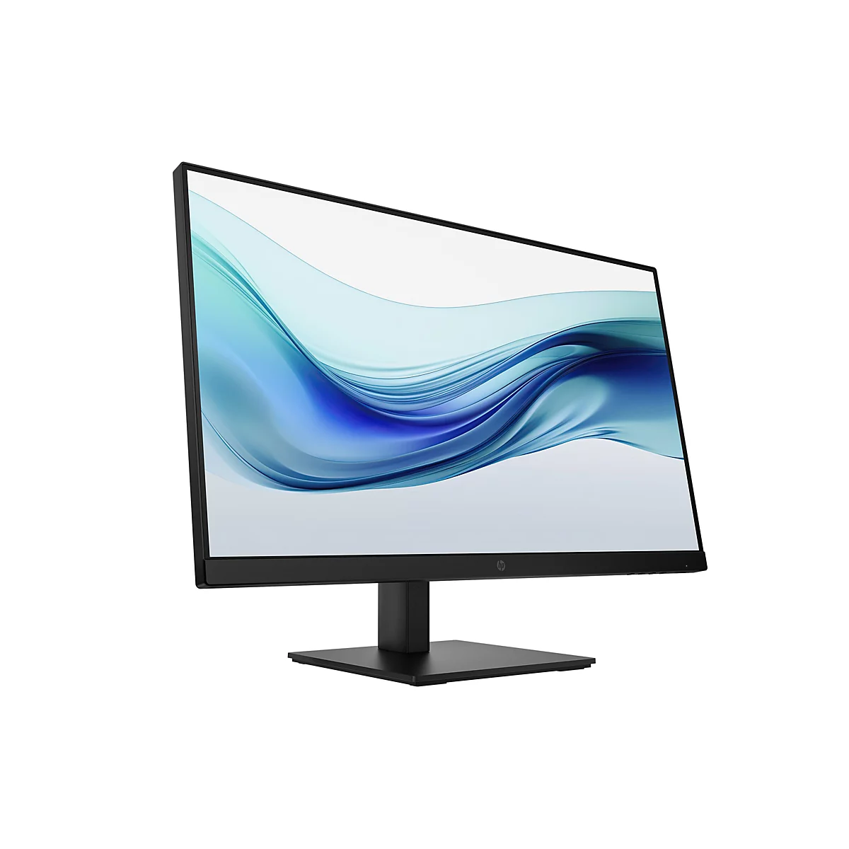Schwarzer HP Monitor mit dünnem Rahmen und blauem, abstraktem Hintergrundbild.