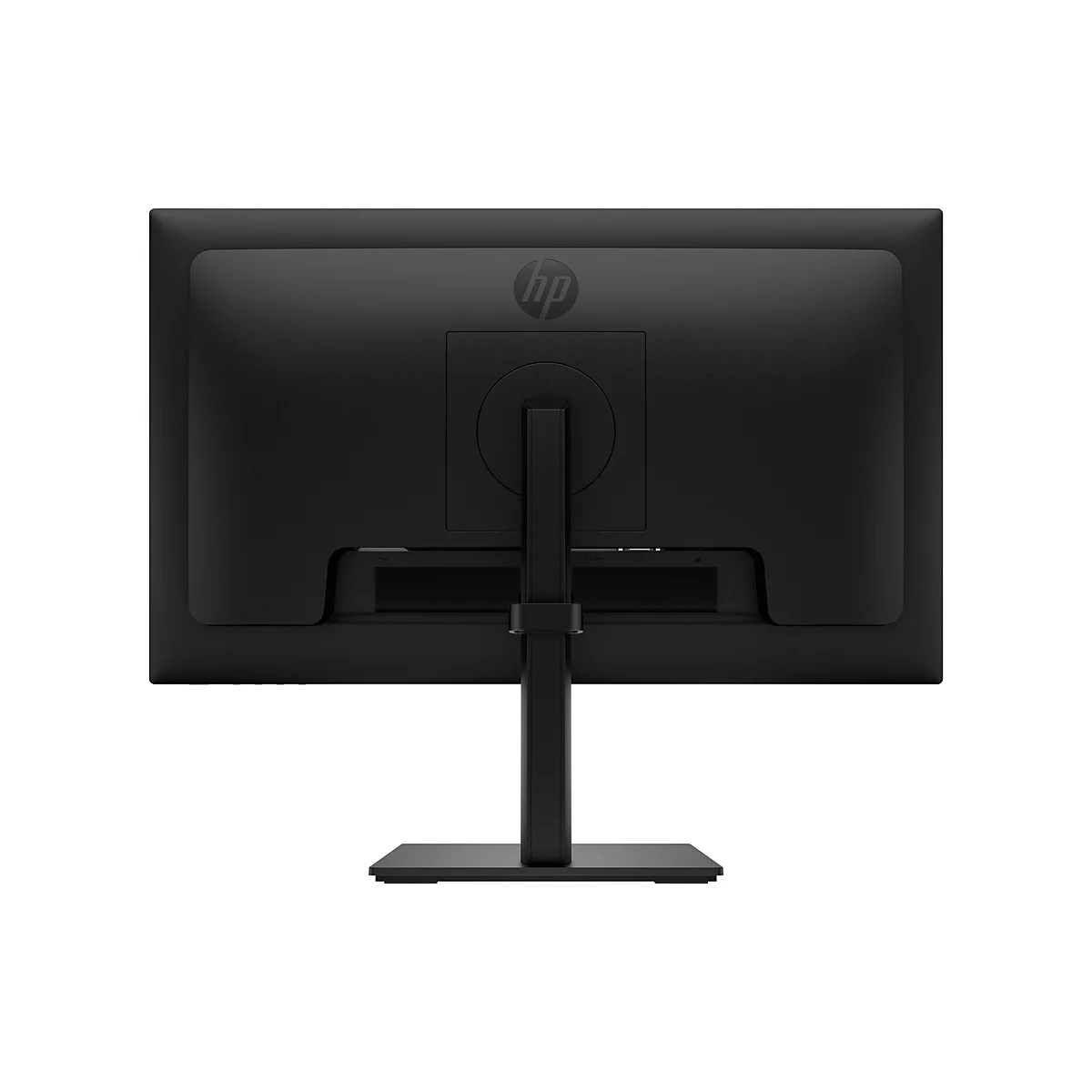 Rückseite eines schwarzen HP Monitors mit Standfuß vor weißem Hintergrund.